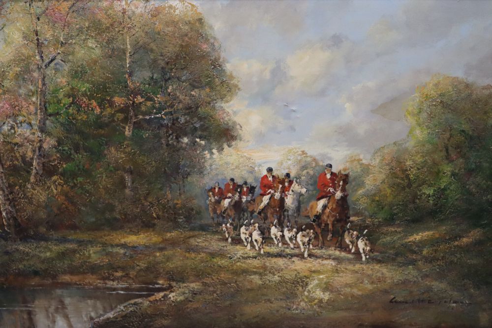 20th Century School, Hunting scene, indistinctly signed, oil on canvas,